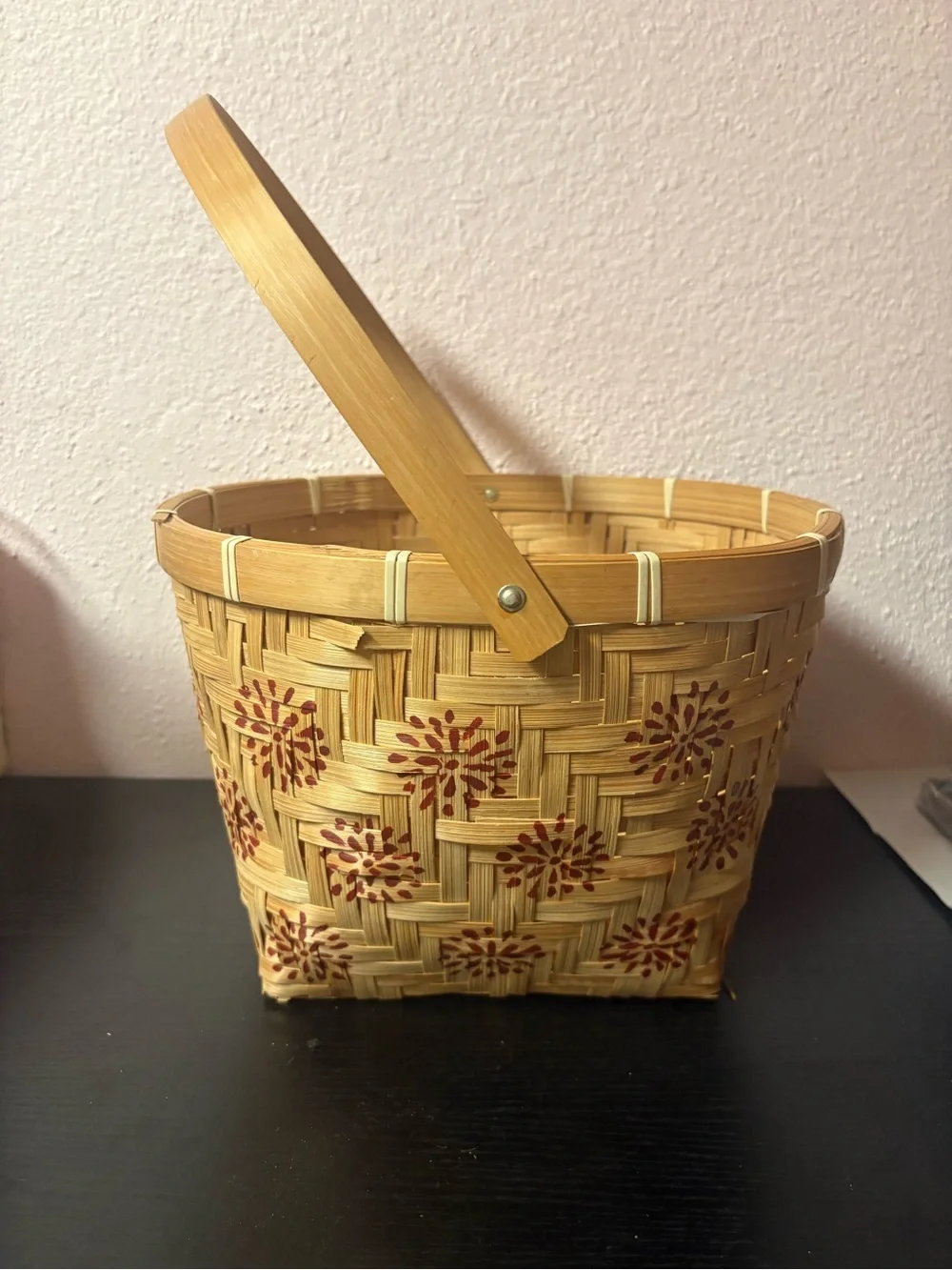 Woven Bamboo Basket Red Floral Handle Cottagecore Farmhouse Decor